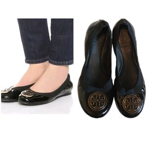 Tory Burch Black Patent Leather Flats with Gold Medallion